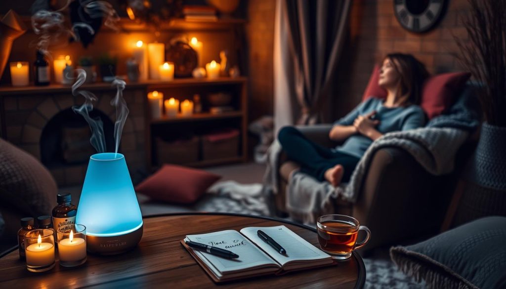 A cozy, dimly lit room with a variety of essential oil bottles, a diffuser emitting fragrant steam, and a person relaxing in a comfortable chair, practicing deep breathing exercises. The room has warm, soft lighting, with candles flickering and casting a soothing glow. Plush textiles, such as a throw blanket and cushions, add to the calming atmosphere. In the foreground, a small table holds a journal, pen, and a cup of herbal tea, suggesting a mindful, introspective moment. The overall scene conveys a sense of tranquility and inner peace, reflecting the therapeutic benefits of aromatherapy for relieving anxiety.