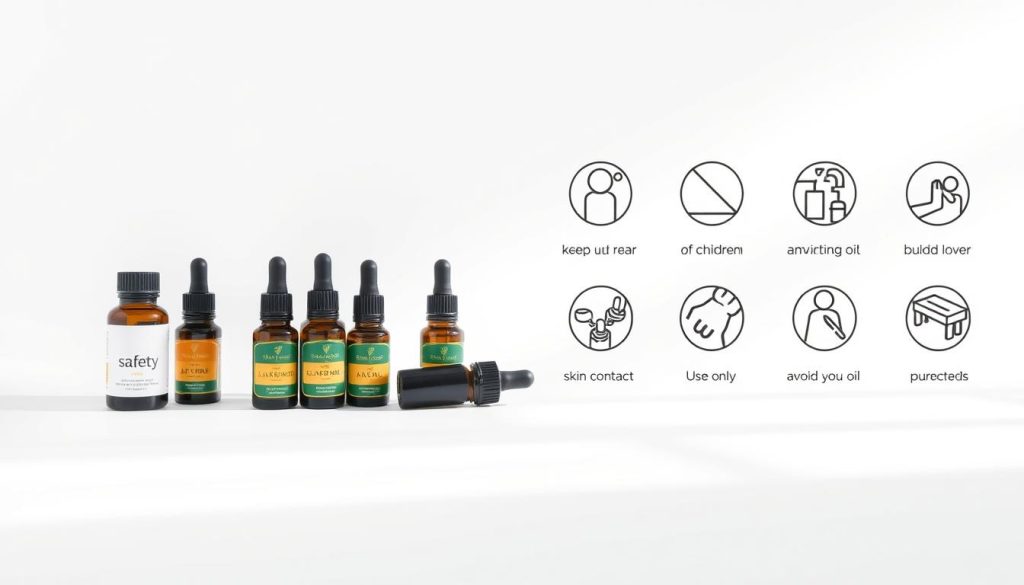 A modern, minimalist illustration depicting essential oil safety precautions. In the foreground, a neatly arranged set of essential oil bottles and dropper bottles, their labels clearly visible. In the middle ground, a series of simple icons or pictograms representing key safety guidelines, such as "Keep out of reach of children," "Avoid direct skin contact," and "Use only as directed." The background features a clean, white or light-colored backdrop, with subtle patterns or textures to add visual interest. Soft, diffused lighting creates a calm, informative atmosphere, inviting the viewer to learn about the responsible use of essential oils. The overall composition is balanced, visually appealing, and effectively communicates the safety message.