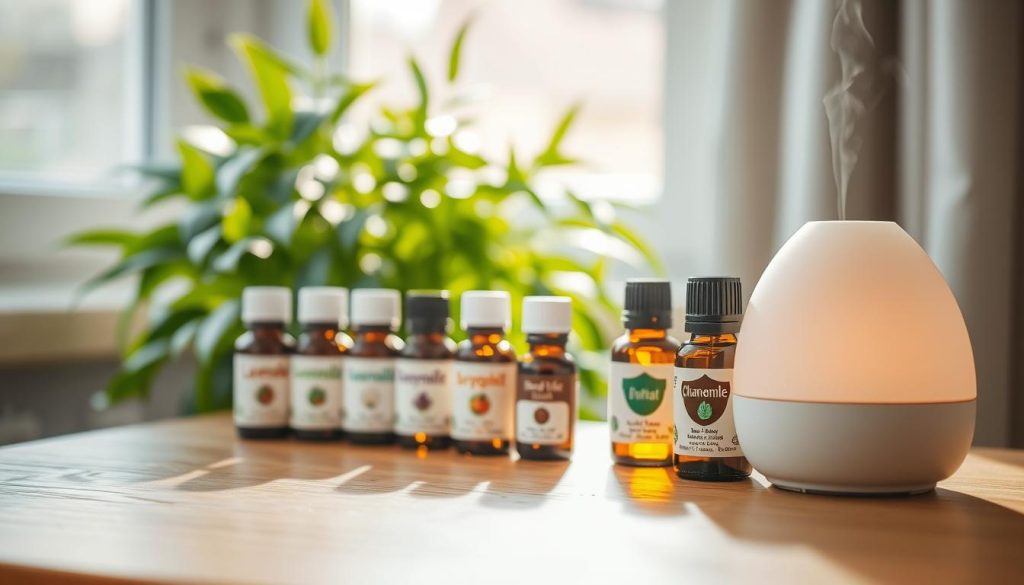 A peaceful arrangement of various essential oil bottles and diffuser on a wooden table, illuminated by soft natural lighting from a window. The bottles feature labels for oils like lavender, chamomile, and bergamot, known for their calming and anxiety-relieving properties. Blurred out of focus in the background, a lush, green plant adds a natural, serene ambiance. The overall mood is one of tranquility, relaxation, and the therapeutic power of aromatherapy.
