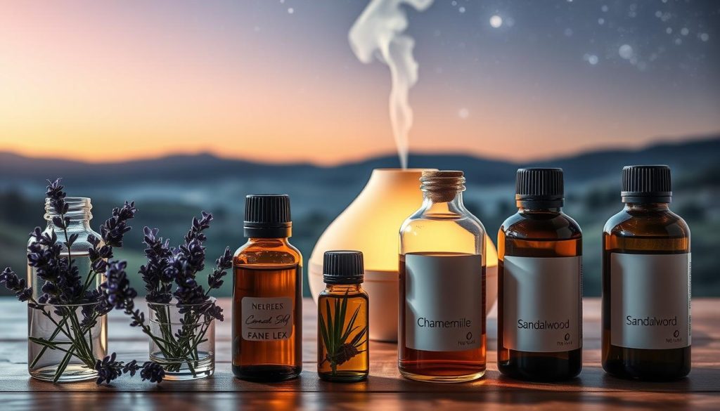 A serene and relaxing scene showcasing various essential oils and their effects on sleep. In the foreground, a selection of glass bottles containing different oils - lavender, chamomile, vetiver, and sandalwood - are placed on a wooden tabletop. The bottles are illuminated by soft, warm lighting, casting gentle shadows and highlighting the rich, earthy tones of the oils. In the middle ground, an aroma diffuser is gently releasing a soothing mist, creating a calming atmosphere. The background features a tranquil landscape with a starry night sky, suggesting the restorative power of essential oils for better sleep. The overall mood is one of tranquility, balance, and a sense of peace, inviting the viewer to unwind and embrace the benefits of these natural sleep aids.