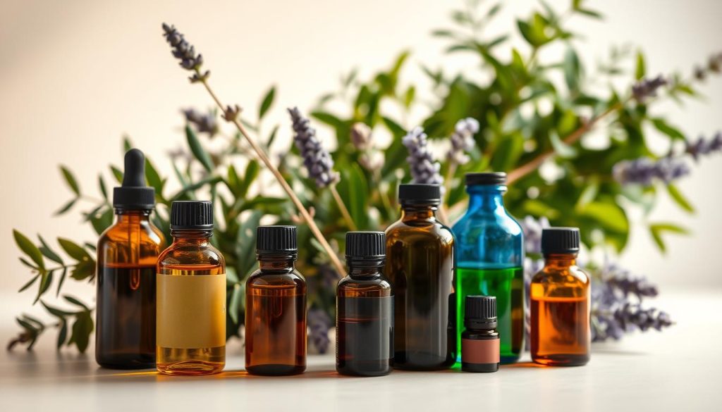 A serene still life arrangement showcasing a variety of essential oil bottles and natural elements. Soft, diffused lighting illuminates the scene, creating a calming, spa-like atmosphere. In the foreground, several glass bottles filled with amber, green, and blue liquids are arranged artfully, their labels prominently displayed. Behind them, a backdrop of lush, leafy greenery, such as eucalyptus and lavender sprigs, creates a soothing, natural ambiance. The lighting is warm and gentle, casting a golden glow over the scene. The overall composition is balanced and visually appealing, reflecting the tranquil and restorative qualities of the best essential oils for relaxation and sleep.