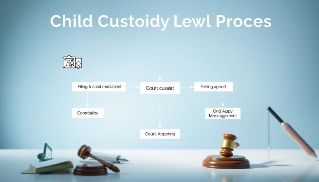 A detailed flowchart illustrating the child custody legal process, featuring clear, distinct steps organized in a sequential manner. In the foreground, depict various elements such as icons representing family law, a gavel, and legal documents. The middle layer should include connected arrows delineating the stages of the process, such as "Filing for Custody," "Court Mediation," and "Final Custody Agreement." The background should have a soft gradient of blue and white to evoke calmness and professionalism. The lighting is bright and well-defined, highlighting the flowchart’s clarity. An overall mood of guidance and support should permeate the image, creating a sense of reliability and trust in the legal process. No text or human figures are included.