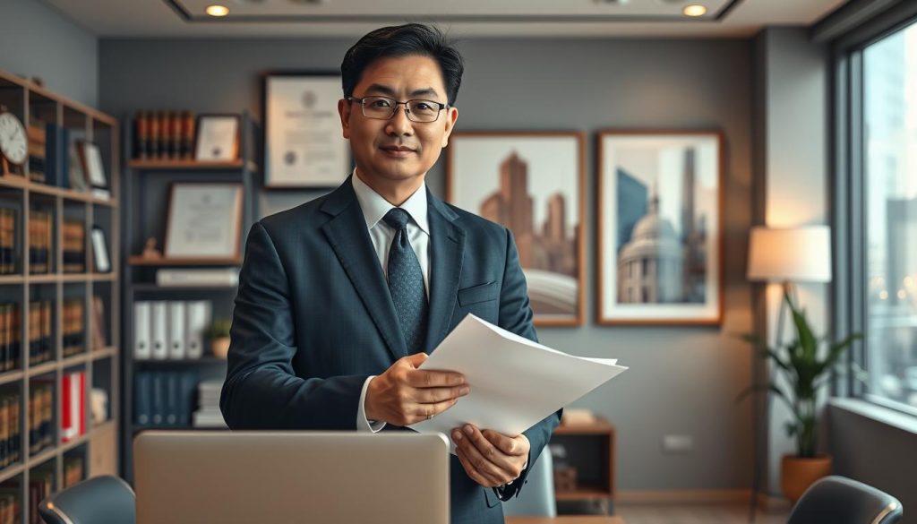A distinguished attorney specializing in intellectual property cases stands confidently in a modern law office. The foreground features the attorney, a middle-aged person of Asian descent, dressed in a tailored navy blue suit, exuding professionalism. They hold a legal brief in one hand and a laptop on the desk in front of them. In the middle, the office is equipped with shelves filled with legal books, framed certificates, and framed artwork that conveys creativity and innovation. The background reveals large windows with city views and soft, warm lighting filtering through, creating a welcoming atmosphere. A sense of focus and expertise permeates the scene, emphasizing the importance of choosing a knowledgeable IP attorney. The image captures a blend of professionalism and accessibility, ideal for readers seeking guidance.