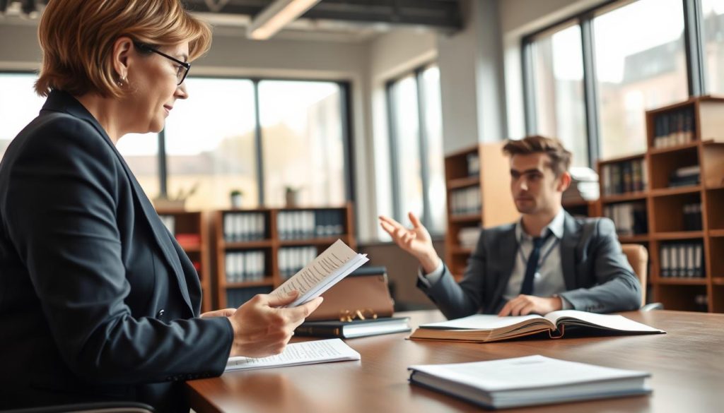 A lawyer and a witness rehearsing court testimony in a modern office setting. In the foreground, the lawyer, a middle-aged woman in a tailored navy suit, is attentively listening and taking notes, holding a legal pad and pen. In the middle, the witness, a young adult male in smart casual attire, is sitting across from her with a focused expression, gesturing as he explains his account. In the background, a large window allows natural light to filter in, casting a warm glow over the room filled with law books and a wooden table. Use a shallow depth of field to emphasize the subjects, creating a professional and serious atmosphere that reflects the importance of preparation for court.