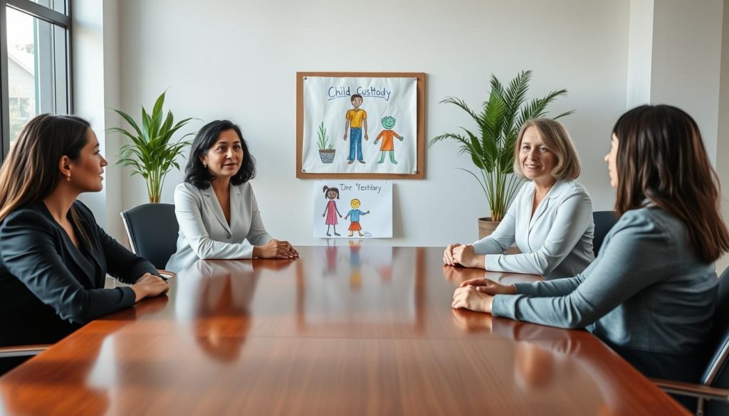 A serene child custody mediation scene set in a modern conference room. In the foreground, a diverse group of three adults, dressed in professional business attire—two parents and a mediator—are seated around a polished wooden table. The mediator, a middle-aged woman, confidently facilitates the discussion, exuding empathy and professionalism. In the middle ground, a colorful children's drawing is displayed on a bulletin board, highlighting the importance of the child’s perspective. Soft, natural light filters through large windows, creating a warm and inviting atmosphere. In the background, potted plants add a touch of greenery, contributing to a calm setting. The overall mood is one of collaboration and hope, reflecting the positive potential of mediation in the child custody legal process.