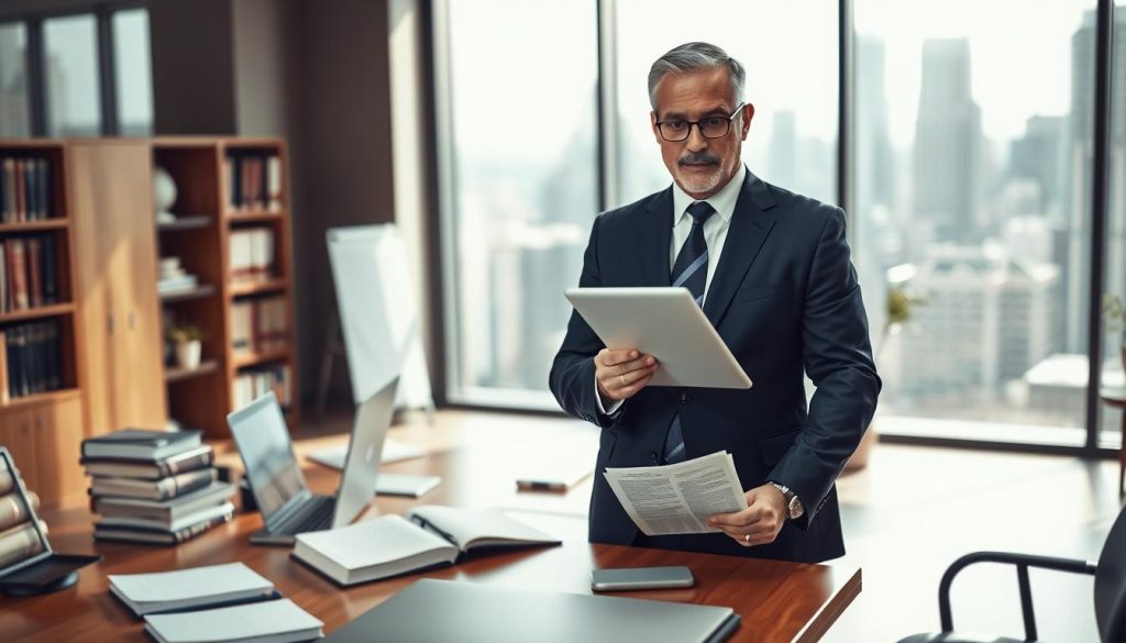 A top-rated intellectual property attorney standing confidently in a modern law office. In the foreground, the attorney is a middle-aged person, wearing a tailored navy suit and glasses, with a thoughtful expression, examining a document related to IP law. The middle ground features a sleek wooden desk cluttered with legal books, a laptop, and a notepad, emphasizing a busy, professional atmosphere. In the background, large windows allow natural light to pour into the office, showcasing a bustling cityscape. The mood is focused and serious, representing the expertise and trustworthiness of a leading IP lawyer. The image is captured with a shallow depth of field, creating a soft blur in the background, highlighting the attorney as the central figure in this professional setting.