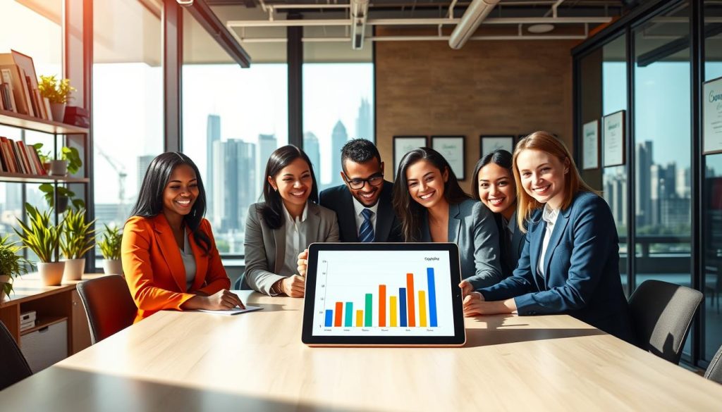 A vibrant and engaging visual representation of in-demand degrees for future jobs. In the foreground, a diverse group of professionals in business attire are gathered around a large table, collaborating on a digital tablet displaying a bar graph of job market trends. Midground features a modern office environment with shelves of books, plants, and framed degree certificates, symbolizing education and innovation. The background showcases a city skyline through large windows, suggesting opportunity and progress. The lighting is bright and inviting, with soft shadows to create depth. The composition is captured from a slightly elevated angle to emphasize teamwork and positivity, evoking a sense of ambition and future potential in the job market, inspiring viewers about maximizing their degree's value.