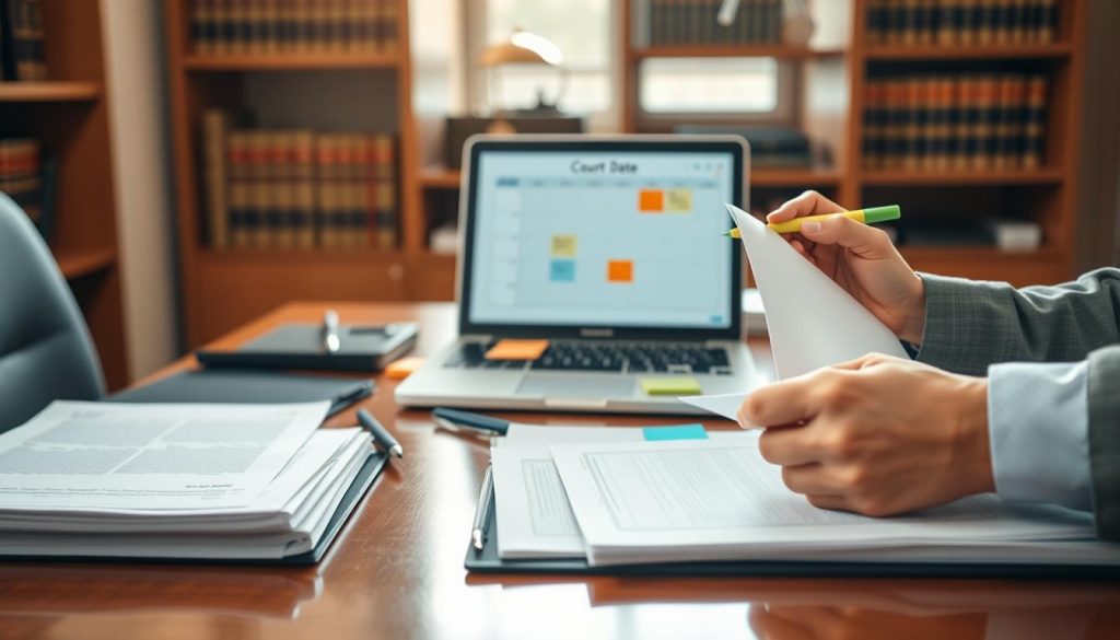 A well-organized court case documentation setup on a polished wooden desk. In the foreground, neatly stacked folders labeled with case names, along with a few essential legal documents. A pair of professional business-attired hands is sorting through the papers, using a highlighter to mark important points. In the middle, an open laptop displays a digital calendar with an upcoming court date highlighted. Pens and sticky notes are scattered around, adding a casual yet organized feel. In the background, a slightly blurred bookshelf filled with legal books creates an atmosphere of professionalism. Soft, natural lighting streams in from a nearby window, casting a warm glow. The mood is focused and preparatory, conveying the importance of diligent organization for a court appearance.