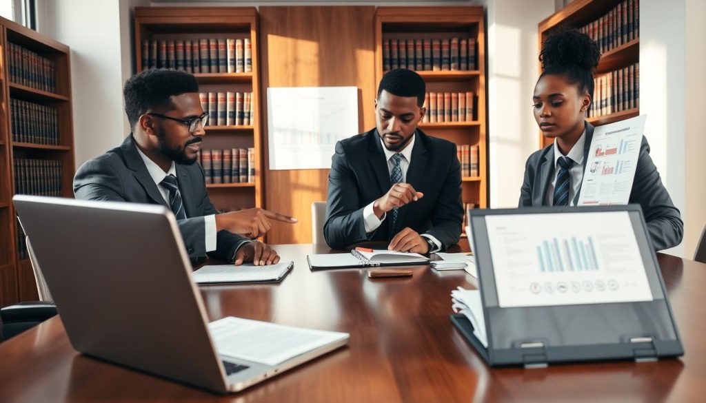 A well-organized courtroom preparation scene, showcasing a diverse group of three professionals in formal business attire, attentively reviewing case files and taking notes at a large wooden conference table in a well-lit law office. The foreground features a close-up of legal documents and a laptop opened with notes visible. In the middle ground, one professional is pointing at a chart displayed on the wall, while another is discussing key points with a focused expression. The background includes shelves filled with legal books and a window allowing natural light to filter in, casting soft shadows. The atmosphere is focused and serious, with warm, inviting lighting to highlight the professionalism and anticipation of the court appearance.
